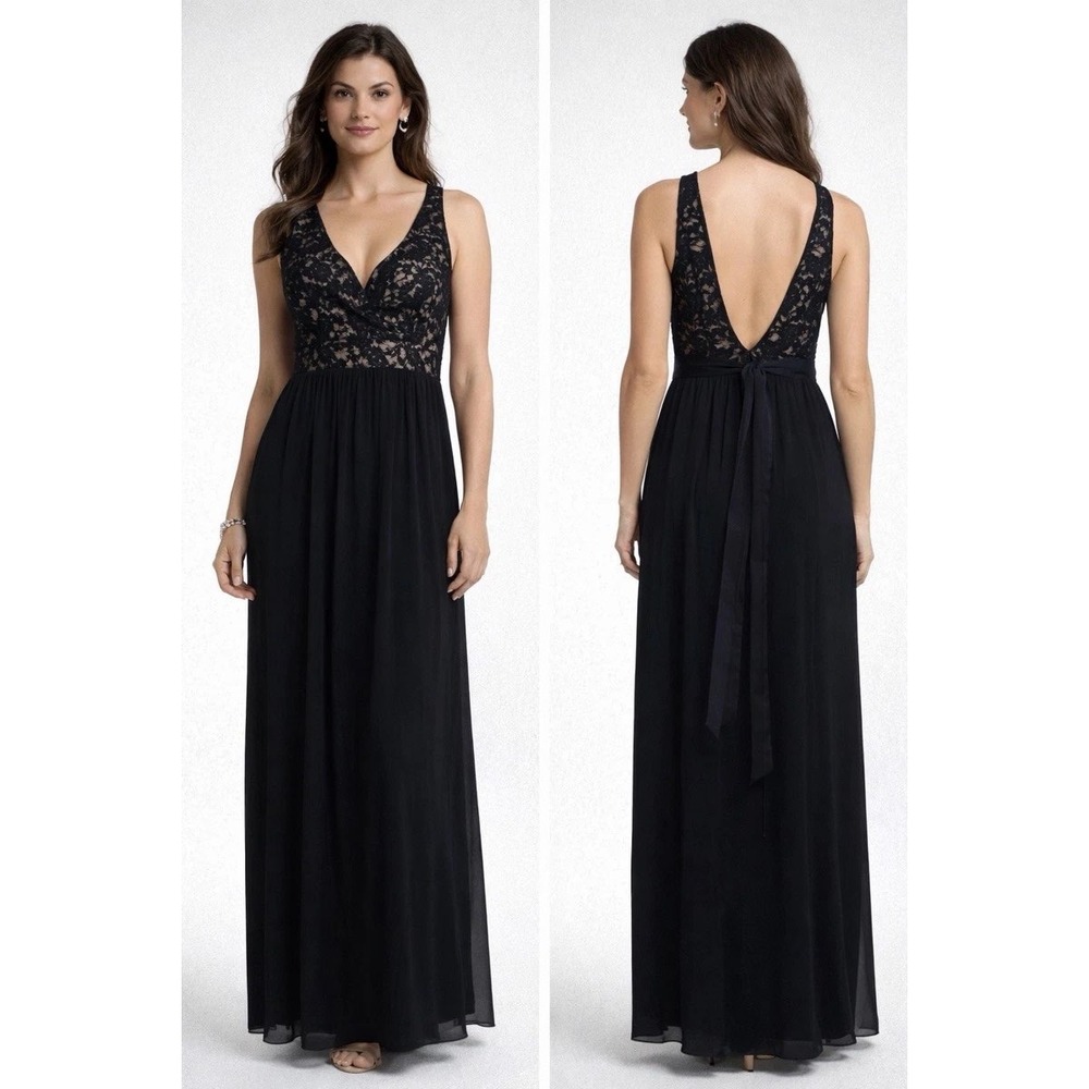 Gianni Bini Womens Black Lace Bodice Chiffon Maxi Dress Open Back Tie Size M